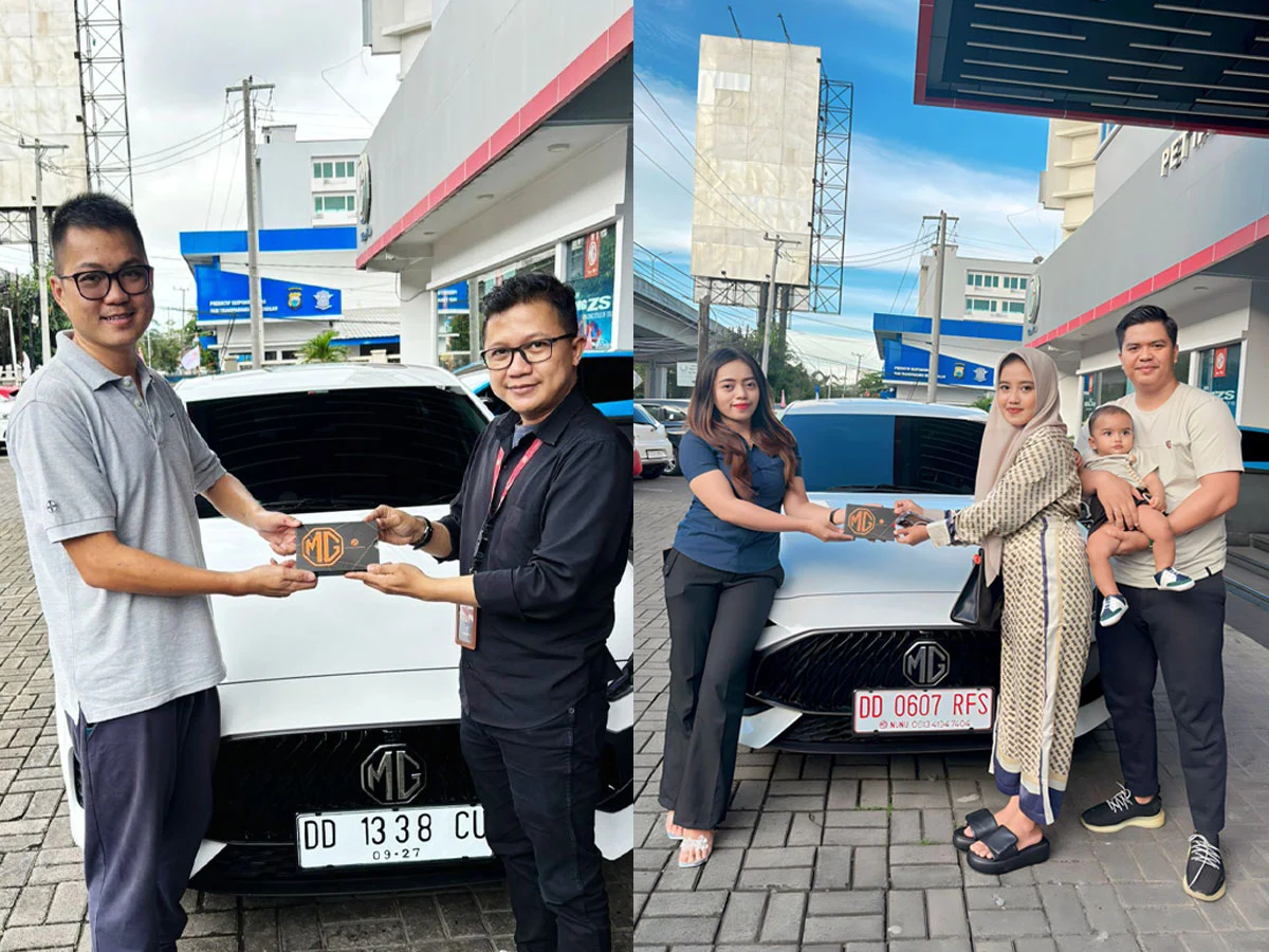 Penyerahan mobil MG 5 GT bersama konsumen di showroom MG Pettarani